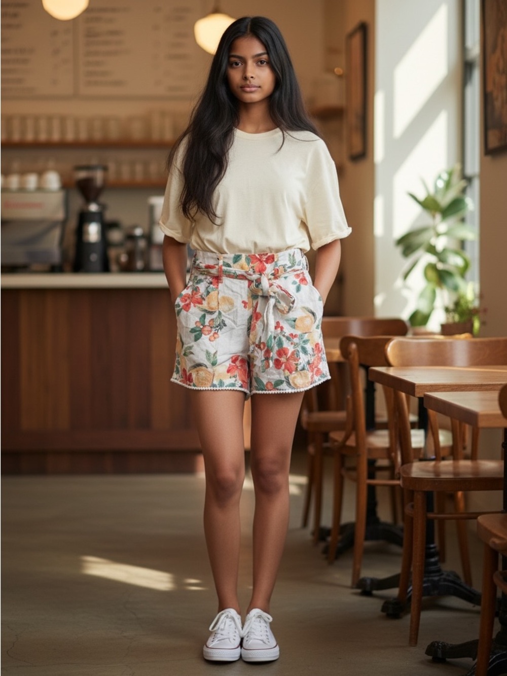 Linen Blend Floral Tropical Women’s Pull On Shorts Belted Summer Vacation Cruise